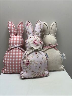 Set of 3 SHABBY CHIC Bunny Rabbit Pillows Cottage Pink Floral Ivory Plaid 18"x9"